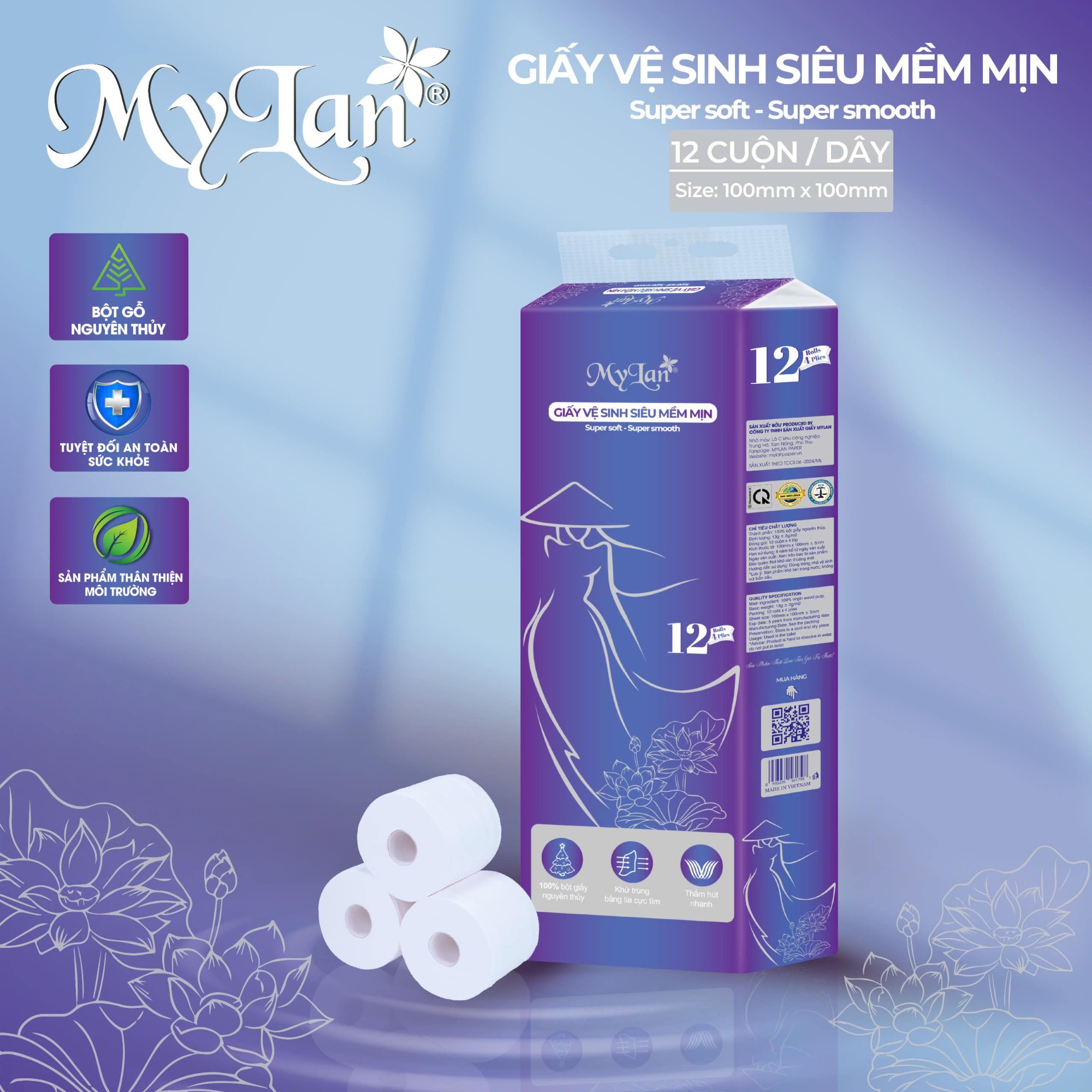 Giấy vệ sinh Mylan siêu mềm mịn 12 cuộn/dây