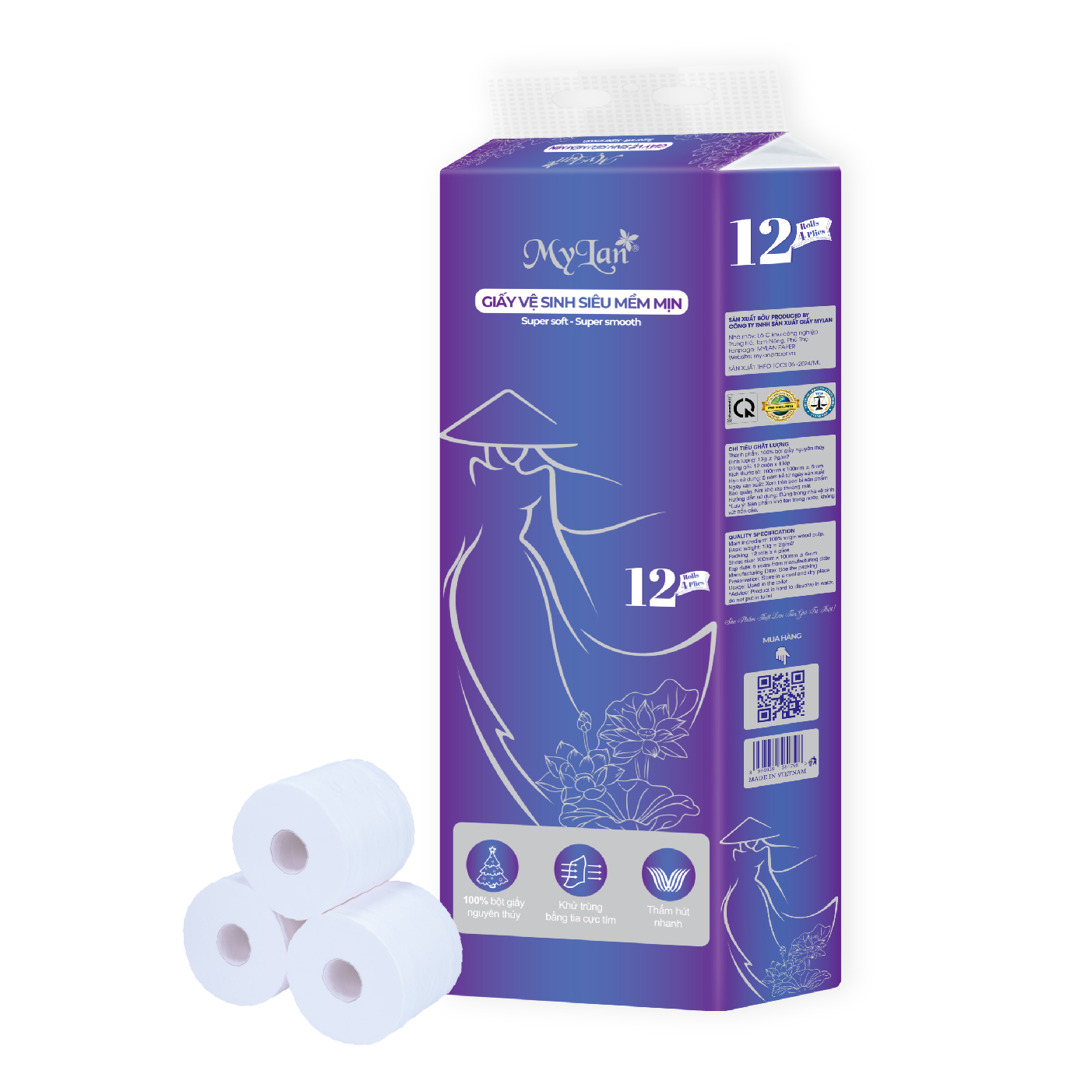 Giấy vệ sinh Mylan siêu mềm mịn 12 cuộn/dây