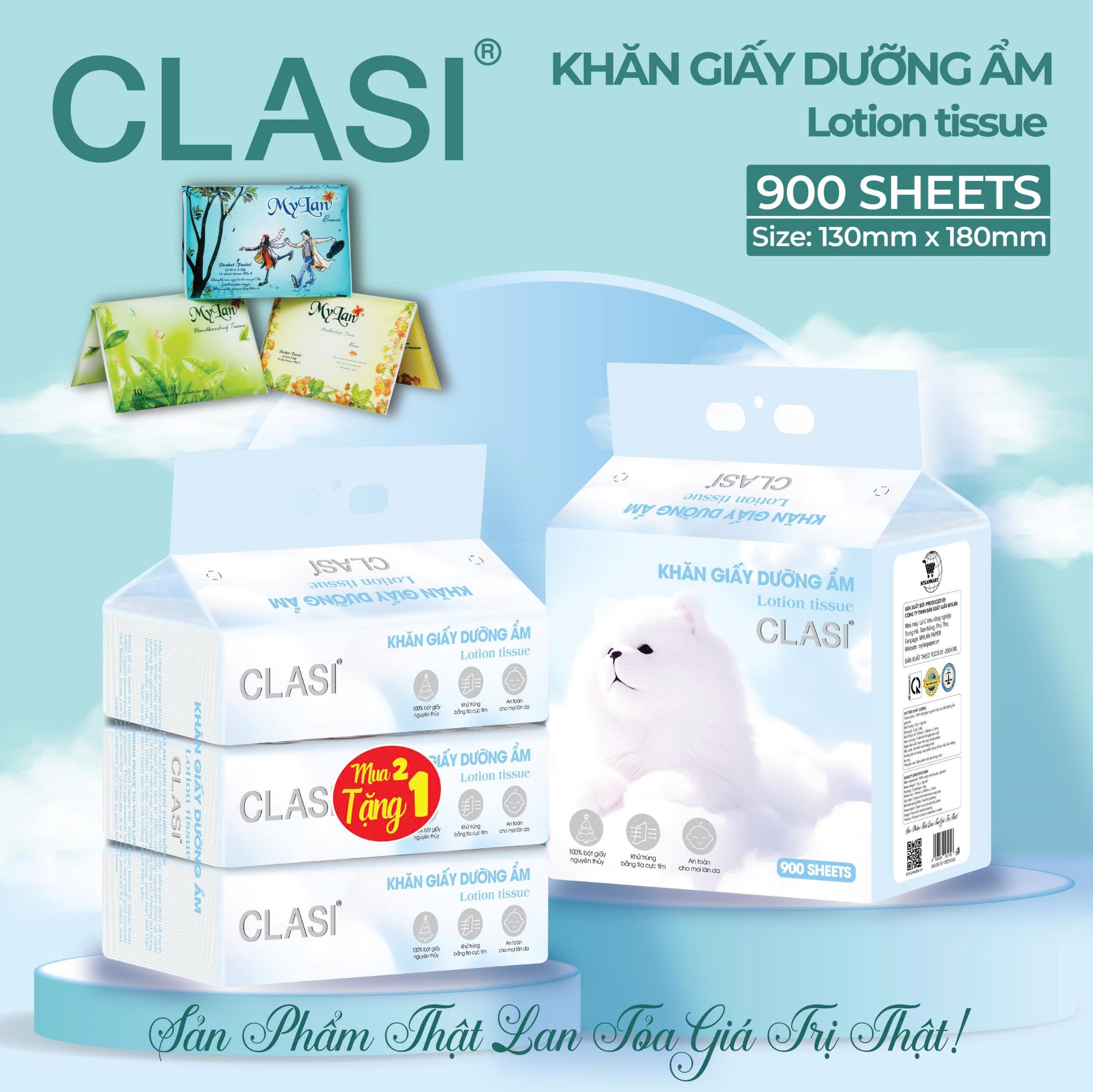Khăn giấy dưỡng ẩm CLASI 300 tờ 3 gói/lốc